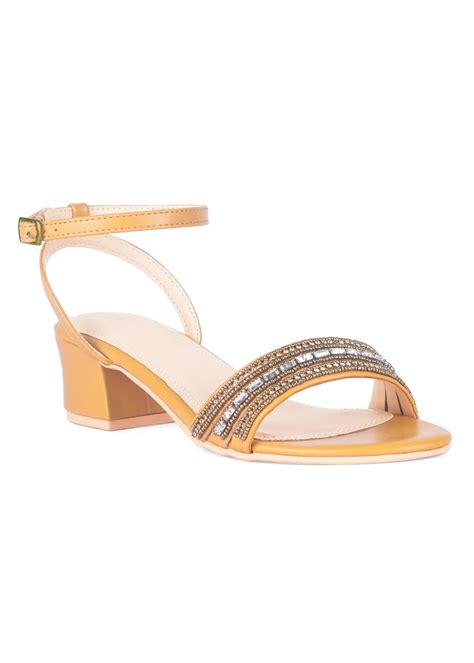 Get Studded Mustard Block Heel Sandals at ₹ 2099 | LBB Shop