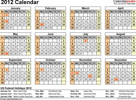 2012 Calendar with Federal Holidays