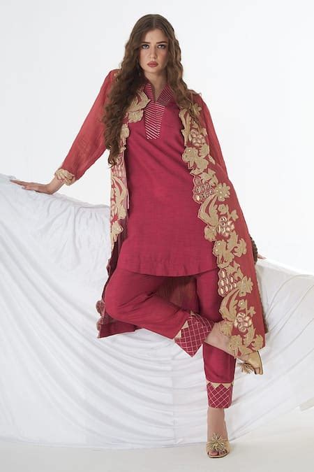 Buy Pink Crepe, Cotton Embroidery Open Neck, Front Jacket With Kurta ...