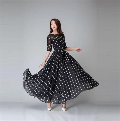 Swing Chiffon Long Maxi Dress With Sleeve, Polka Dot Maxi Chiffon Dress ...