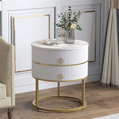 O&K FURNITURE Marble End Table with Storage, Round Nightstand with ...