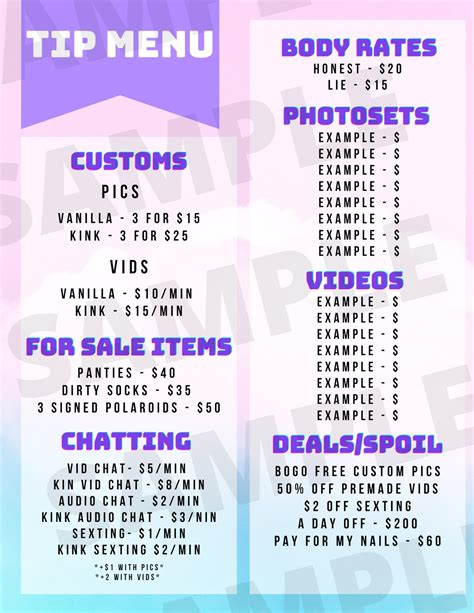 Price List Onlyfans Menu Template - Printable Word Searches