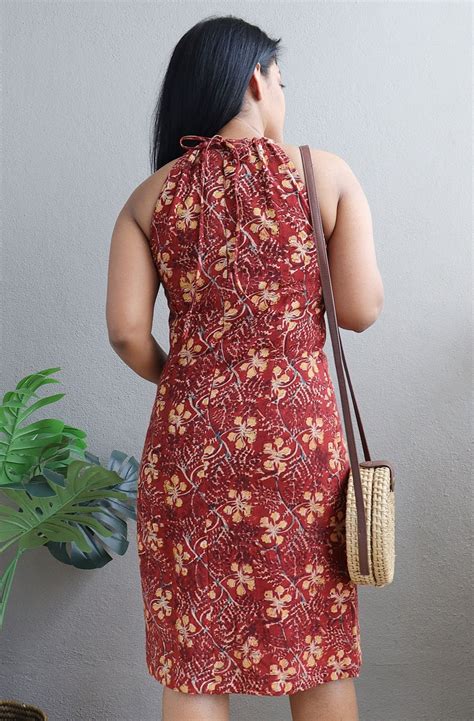 Azalia Red Floral Hand Block Printed Handloom Cotton Halter neck Dress ...