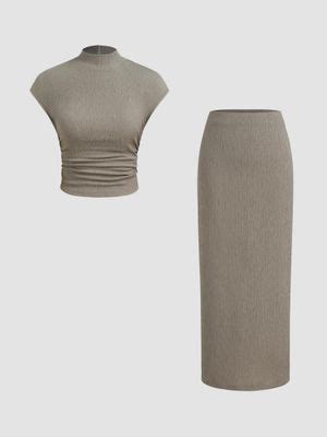 Buy Cider Grey High Neck Texture Ruched Tank Top with Mid Rise Split ...