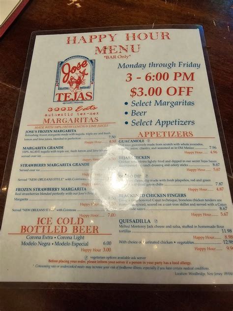 Menu at Jose Tejas restaurant, Woodbridge Township, 700 US Highway 1 N