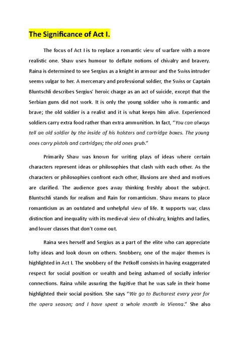 Arms and the Man - George Bernard Shaw Significance of Act 1 and Act 2 ...