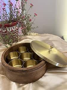 Inaayat Royal Wood Base & Brass Lid Spice Box/Dry Fruits Box – Golden ...