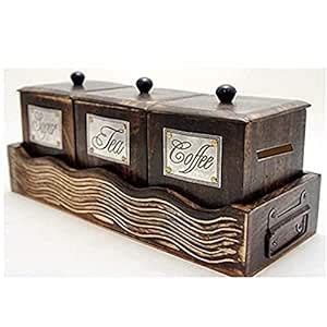 masterz wood Wooden Table Top Large 3 Container Canister Set with Tray ...