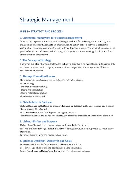 BA4301 Unit I: Strategic Management Concepts and Frameworks - Studocu