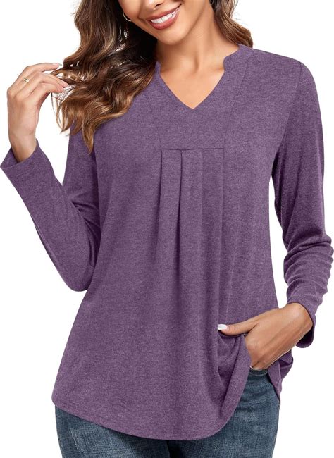 JuneFish Womens Fall Long Sleeve Tunic Tops Notch V Neck Shirt Casual ...