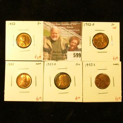 (5) Lincoln Cents, 1952, 1952-D, 1953-D, all BU, 1953 & 1953-S, both ...