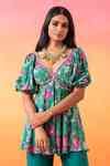 Buy Green Crepe, Organza V-neck Floral Print Short Tunic With Flared ...