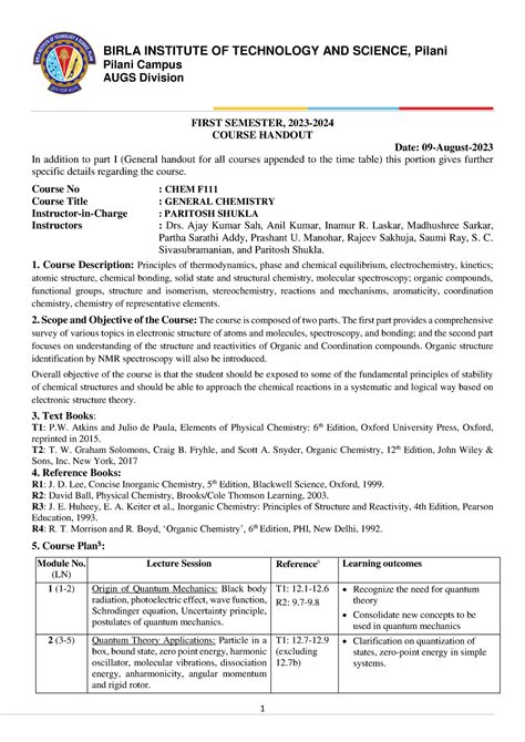 CHEM F111 2023-24 sem-I handout final 09082023 - BIRLA INSTITUTE OF ...