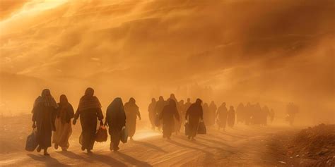 Tired refugees walk on dusty road fleeing violence and destruction of ...
