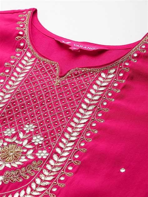 Varanga Women Pink Round Neck Gota And Mirror Embroidered Kurta With ...