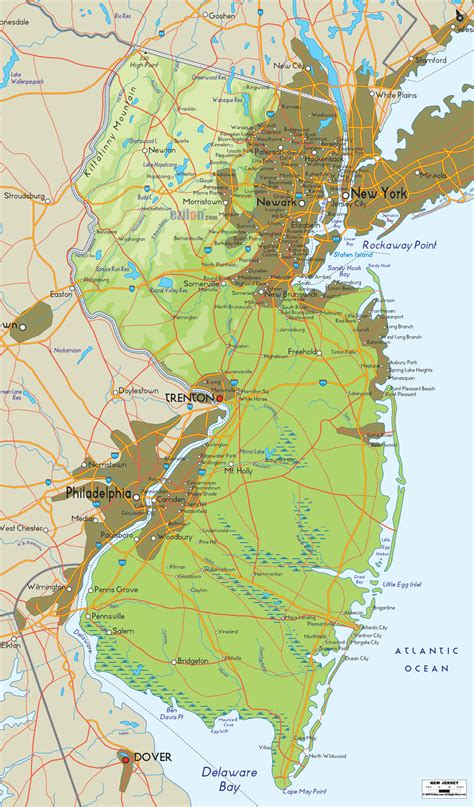 Physical Map of New Jersey State, USA