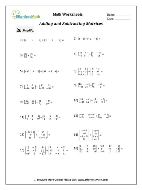 Matrices Addition and Subtraction Worksheet 的图像结果