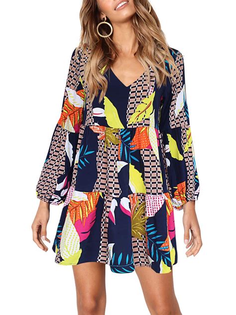 Amoretu Women Summer Tunic Dress V Neck Casual Loose Flowy Swing Shift ...