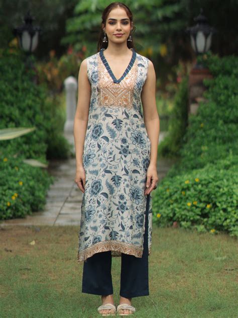 Buy Women's White & Blue floral Sequined Sleeveless Kurta Set Online in ...