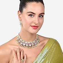 ZAVERI PEARLS Green & Pink Meenakari Lotus Kundan Necklace Earring ...