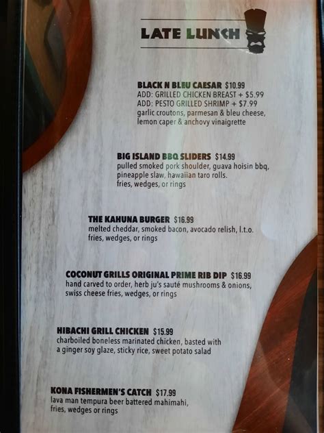 Menu at Coconut Grill restaurant, Hilo