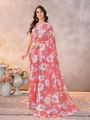 Buy Garden VARELI Women Peach Floral Chiffon Saree Without Blouse Online