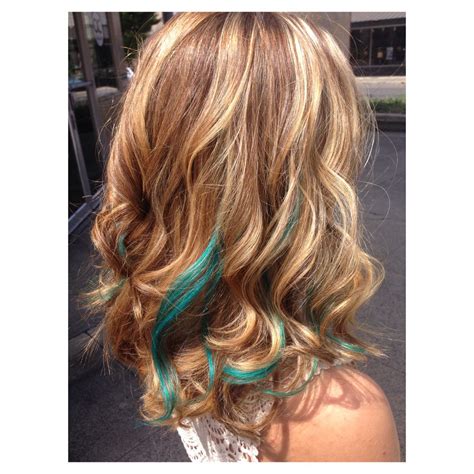 Blonde highlights, medium low lights, and turquoise streak extensions ...