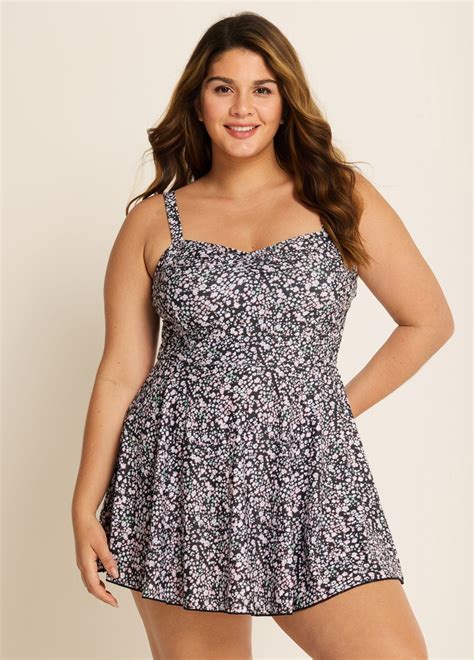 Lilyease Black Floral Cute Plus Size Swimwear Swimdress Set For Women ...