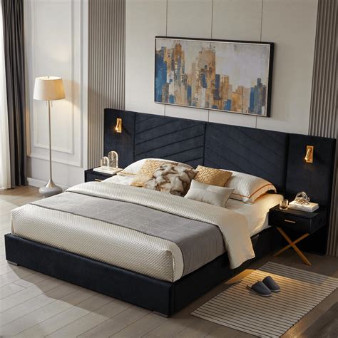 DEINPPA Luxury King Bed Frame with Built-in Gold LED Lights and Nightstands, King Size Platform ...