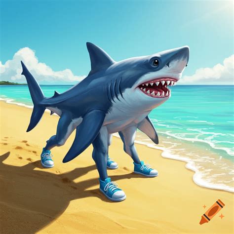 Blue shark with legs and shoes on a beach on Craiyon