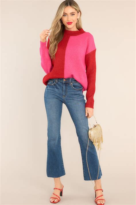 Cozy Hot Pink Two Toned Sweater - All Tops | Red Dress