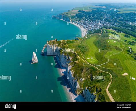 Aerial view of Etretat cliffs and the Atlantic ocean. Chalk cliffs and ...