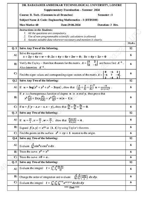 Engineering Mathematics I (BTBS101) Supplementary Exam Summer 2024 ...