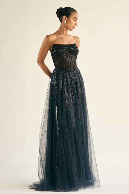 Buy Black Tulle Sequins, Crystals Square Neck Umbra Embellished Corset ...