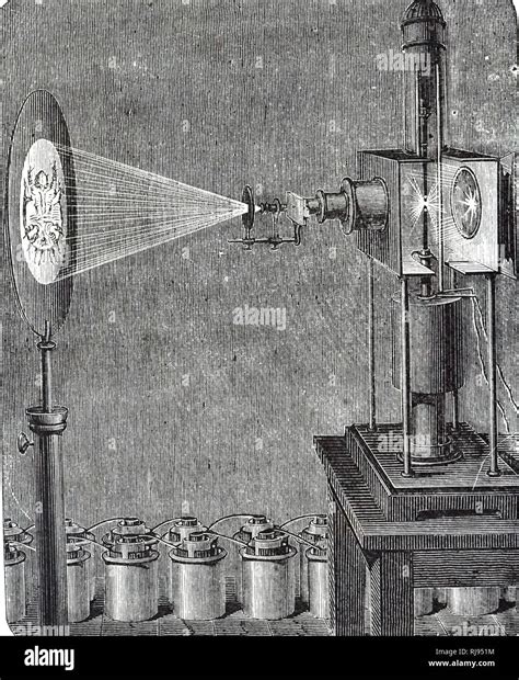 An engraving depicting a battery of wet cells being used to power a ...