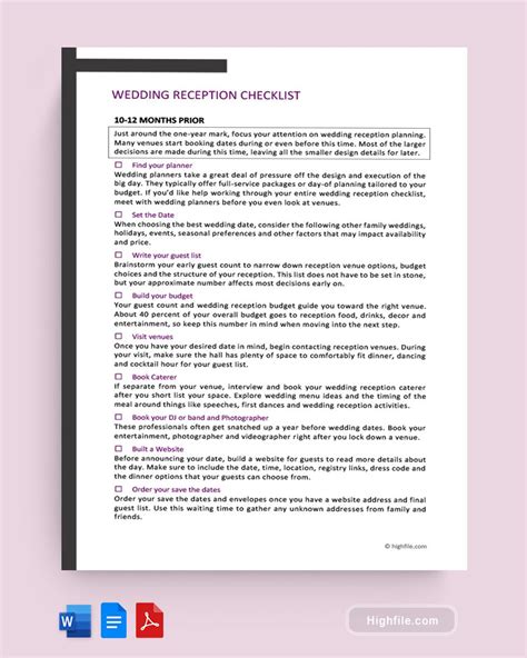 Free Printable Wedding Reception Checklist 的图像结果