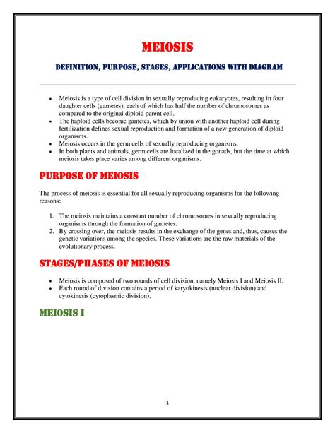SOLUTION: Meiosis definition purpose stages applications with diagram ...