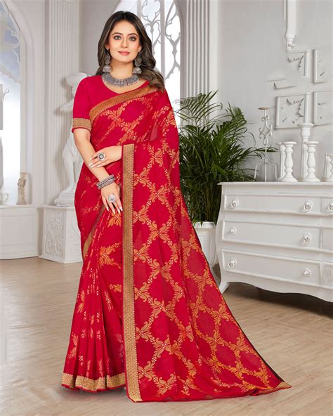 Vishal Prints Dark Red Brasso Saree With Foil Print And Zari Border