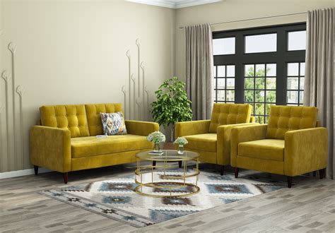 Buy Hamper 2+1+1 Seater Fabric Sofa (Velvet, Amber Gold) Online in ...