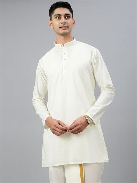 Men Cotton Cream Medium Length Plain Pocket Kurta – Viveagham