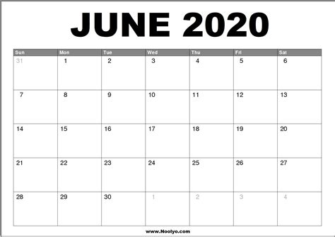 June 2020 Calendar Printable – Free Download – Noolyo.com