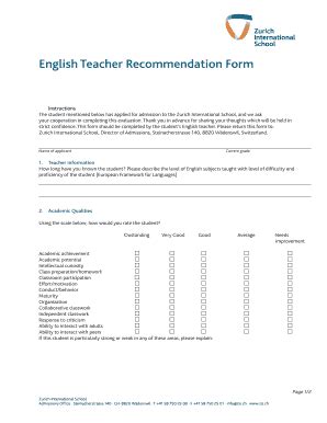 CH Zurich International School English Teacher Recommendation Form 2013 ...