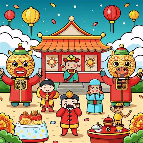 Colorful celebration of traditional asian festival with cute characters ...