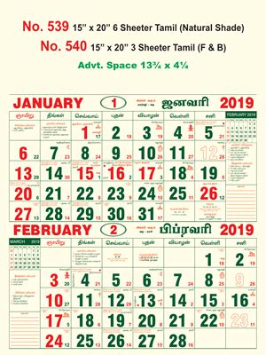 R539 Tamil (Natural Shade) - 15" x 20" 6 Sheeter Monthly Calendar 2019 ...
