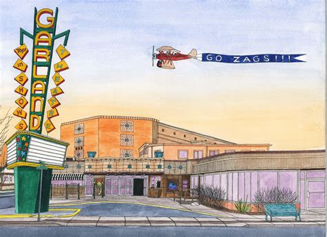 The Garland Theater with a Gonzaga loving biplane, watercolor and ink ...