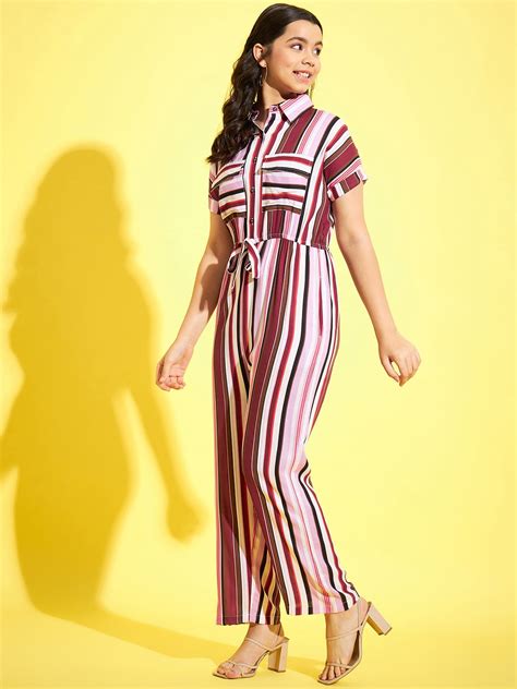 StyleStone Girls Blue & White Cotton Striped Jumpsuit – Stylestone