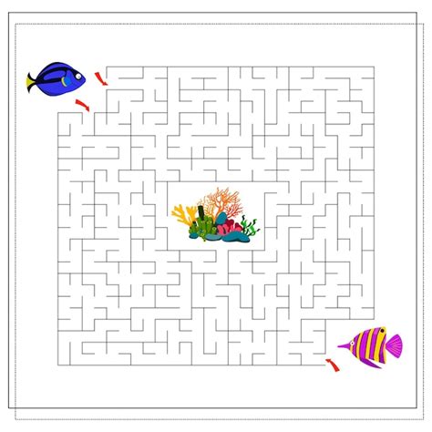 Gra labiryntowa dla dzieci pomaga dwóm rybom pływać do rysunkowej ryby ...