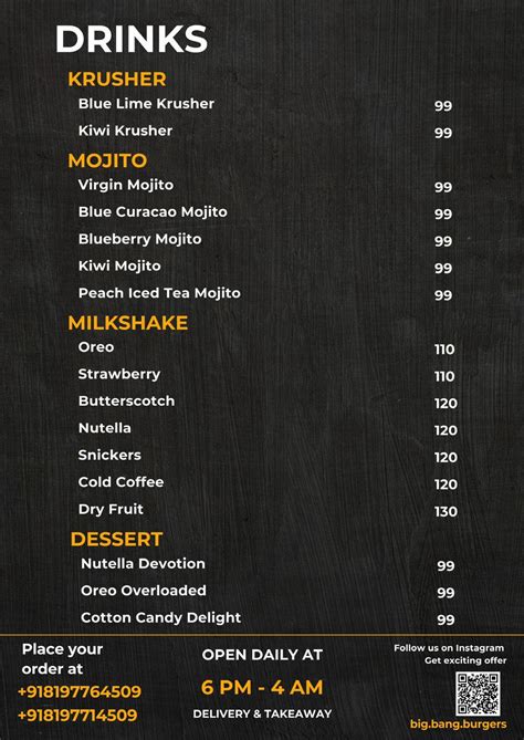 Menu at Big Bang Burgers, Mangaluru