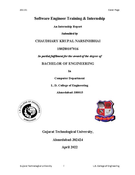 internship report - 201101 Cover Page Gujarat Technological University ...