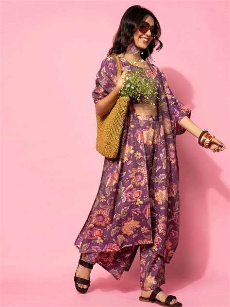 Buy Wine Printed Cotton 3 Piece Co-Ords Online at Rs.1619 | Libas